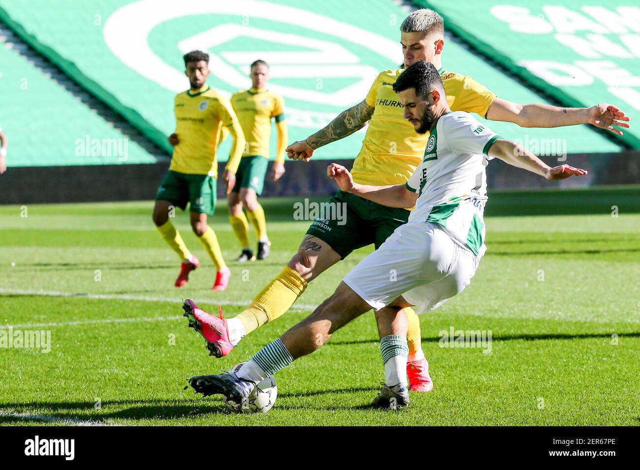 GRONINGEN, NETHERLANDS FEBRUARY 28 Mickael Sylvian Tirpan of Fortuna Sittard, Mohammed El GRONINGEN, NETHERLANDS FEBRUARY 28 Mickael Sylvian Tirpan of Fortuna Sittard, Mohammed El