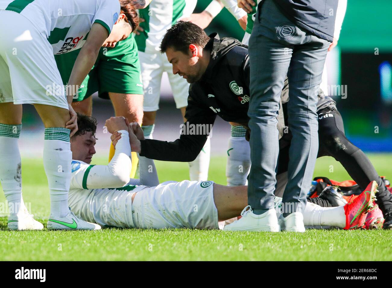 Groningen Netherlands February 28 Jorgen Strand Larsen Of Fc Groningen Injured During The Dutch Eredivise Match Between Fc Groningen And Fortuna S Stock Photo Alamy