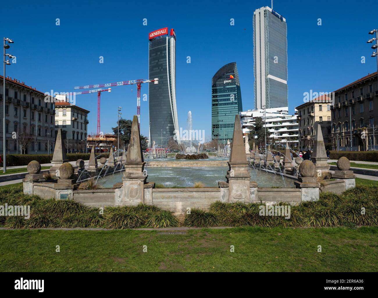 the fountain of the Four Seasons and the three towers in the renovated