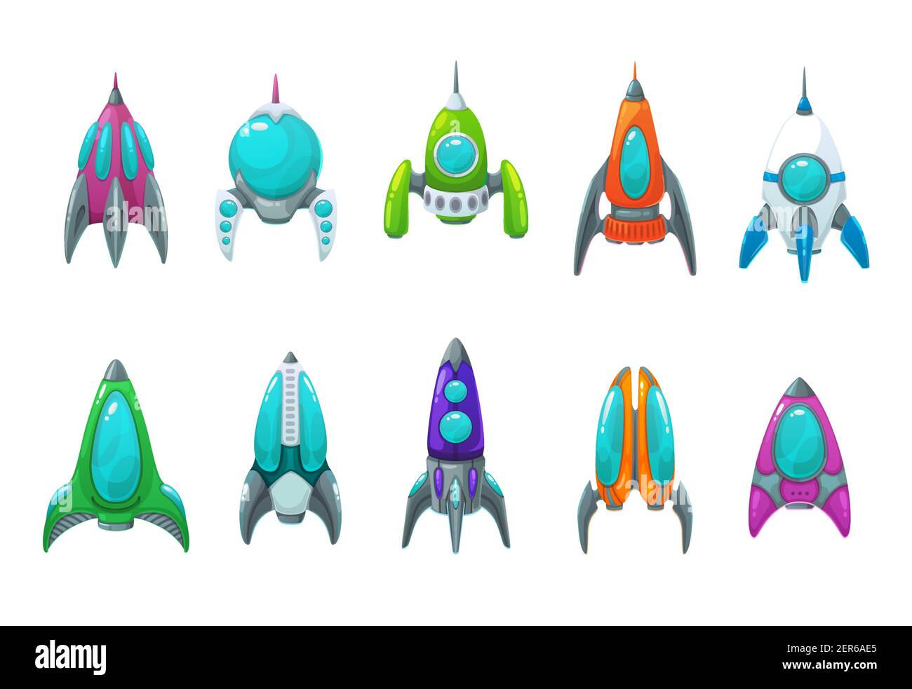 Rocket, space ship, spaceship and shuttle cartoon icons set of vector ...