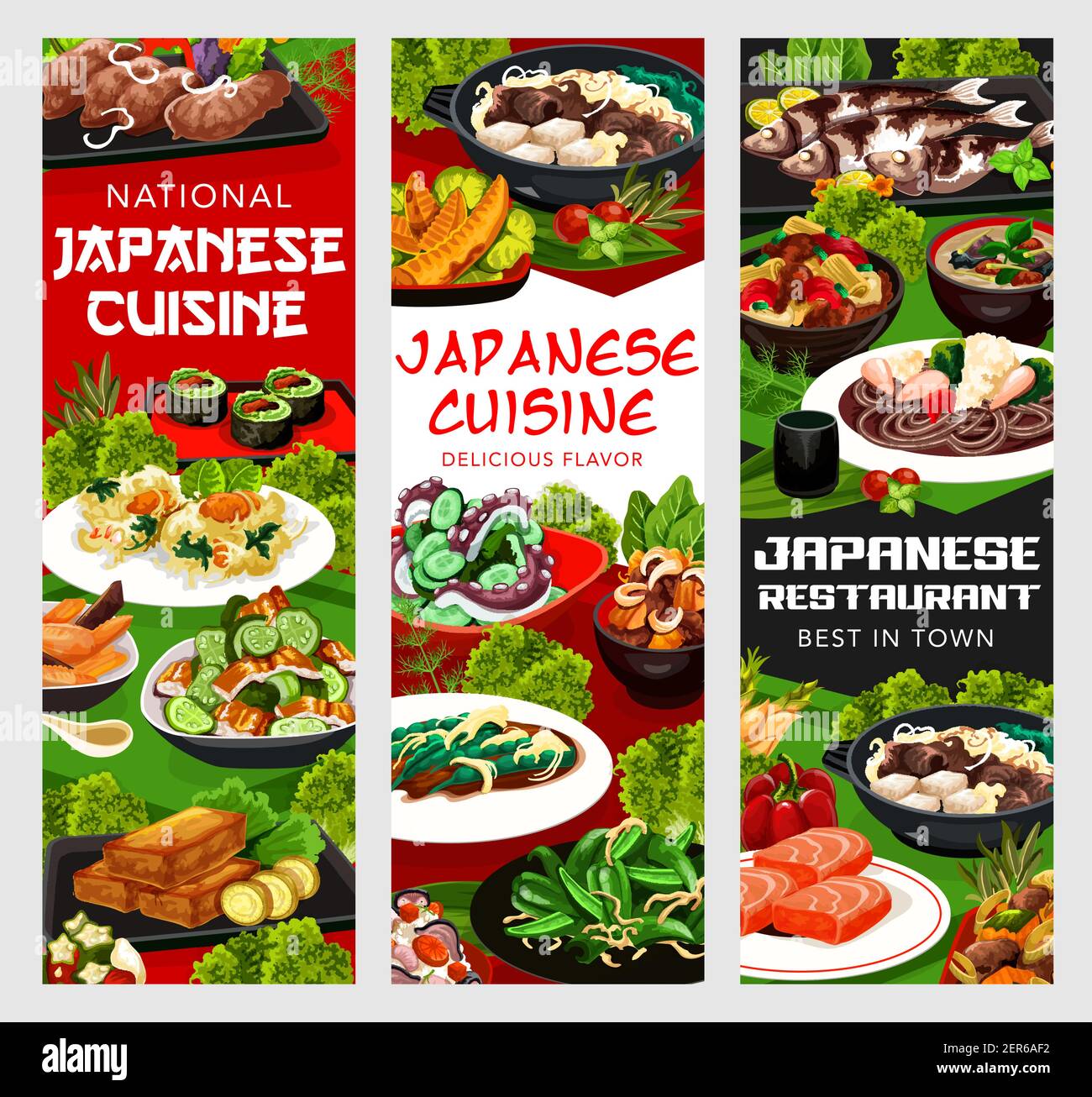 Japanese cuisine vector roasted green pepper, shrimp and cryptotein in  batter. Chicken wings with burdock, cucumber salad with wakame condiment or  fri Stock Vector Image & Art - Alamy