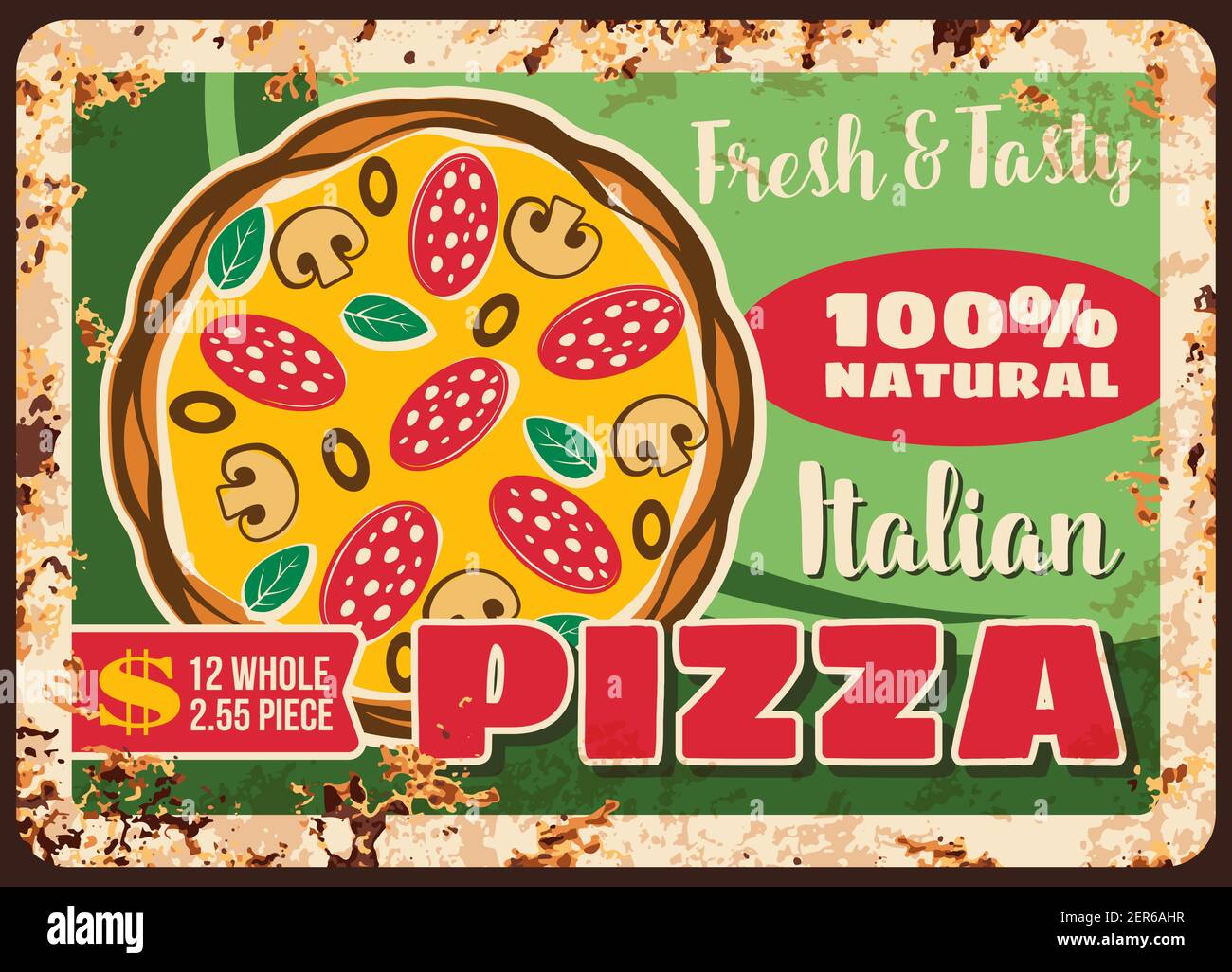 Pizza and pizzeria, Italian metal plate rusty menu, vector retro poster