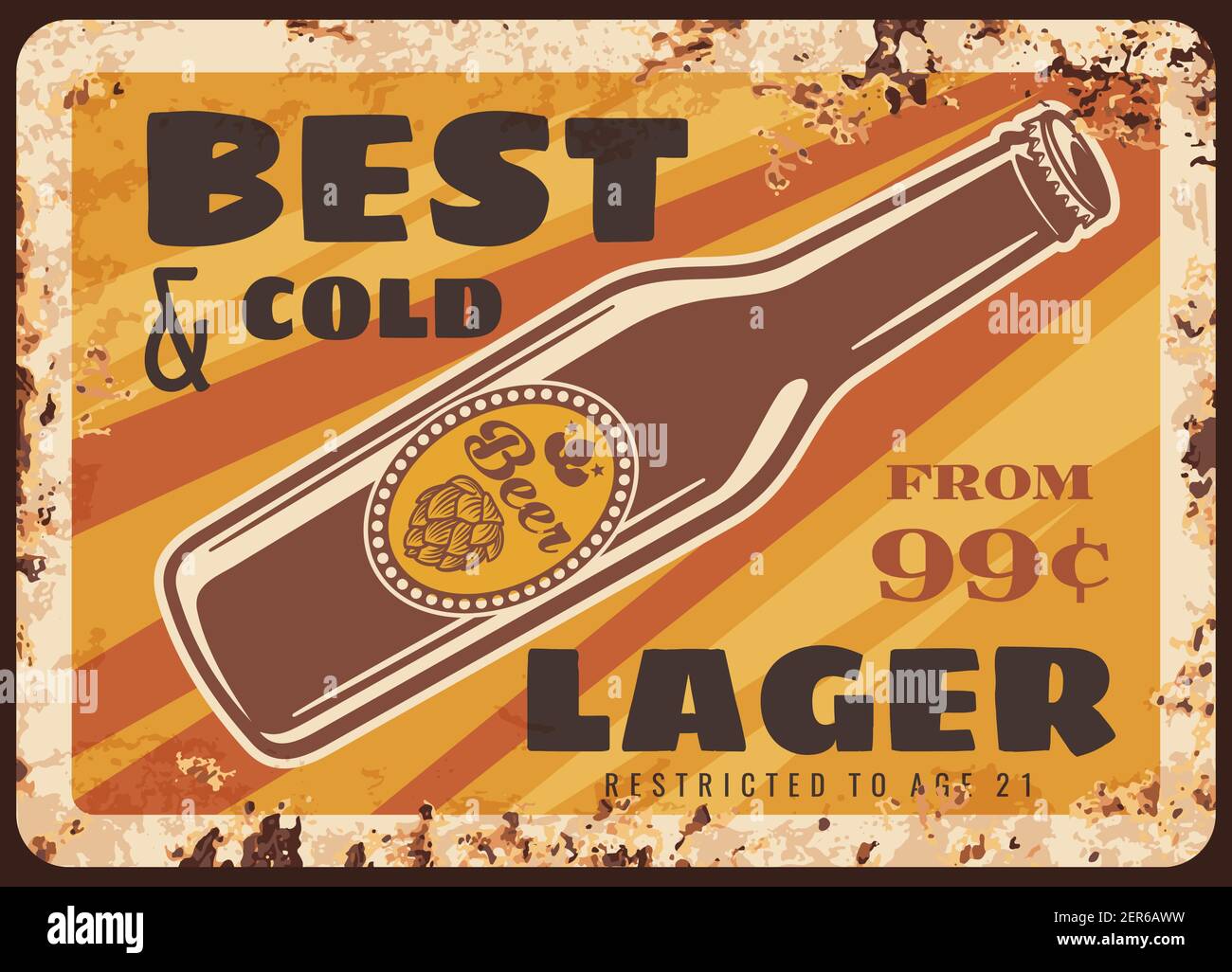 Bottle beer rusty metal plate, brewery production vector vintage rust