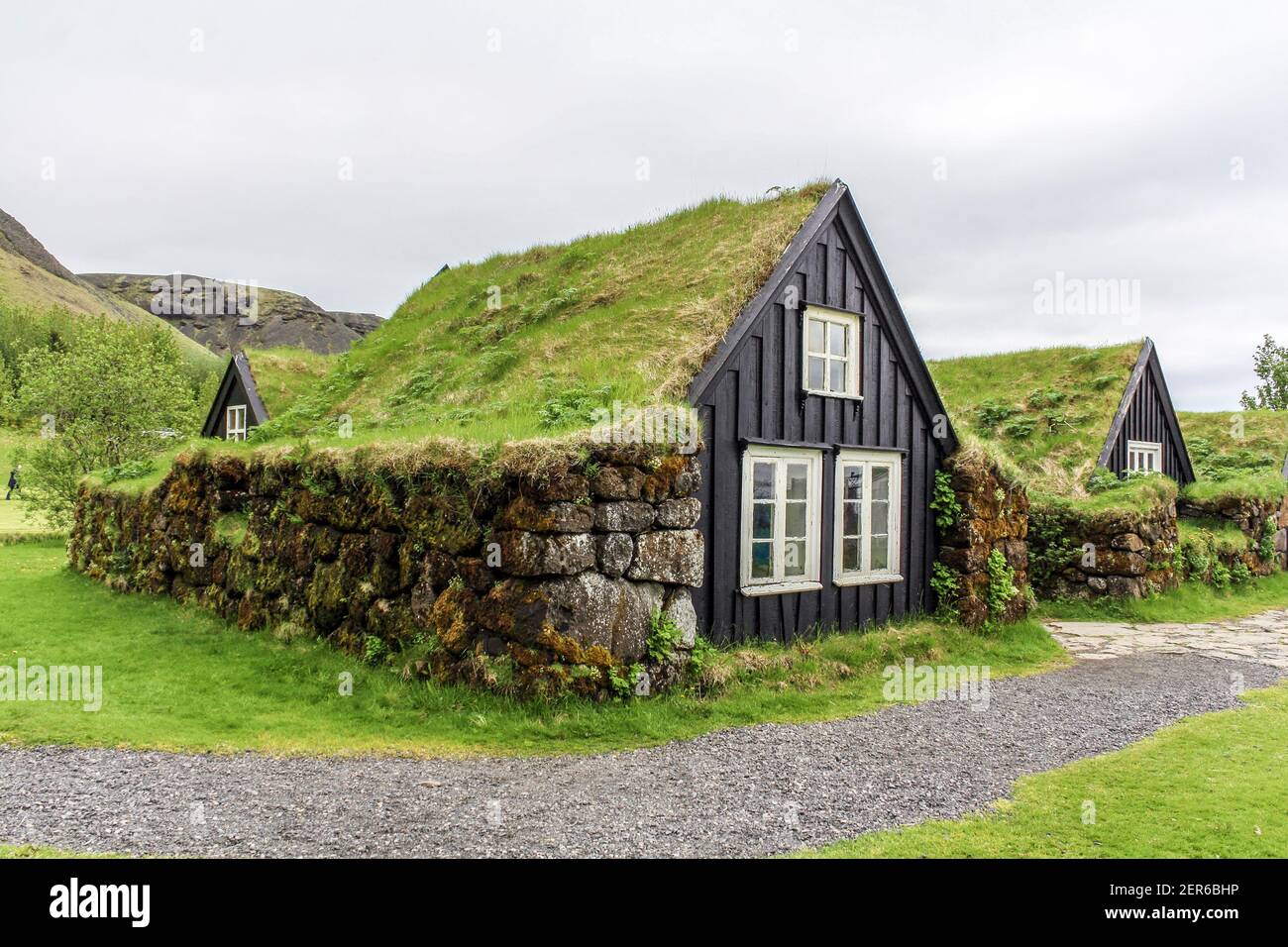 Turf houses built in traditional manner, South Iceland Stock Photo
