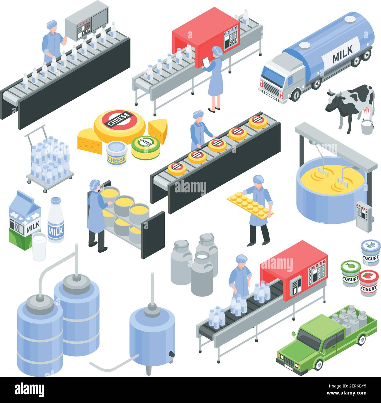 Dairy factory isometric icons with pouring milk in bottle, cheese