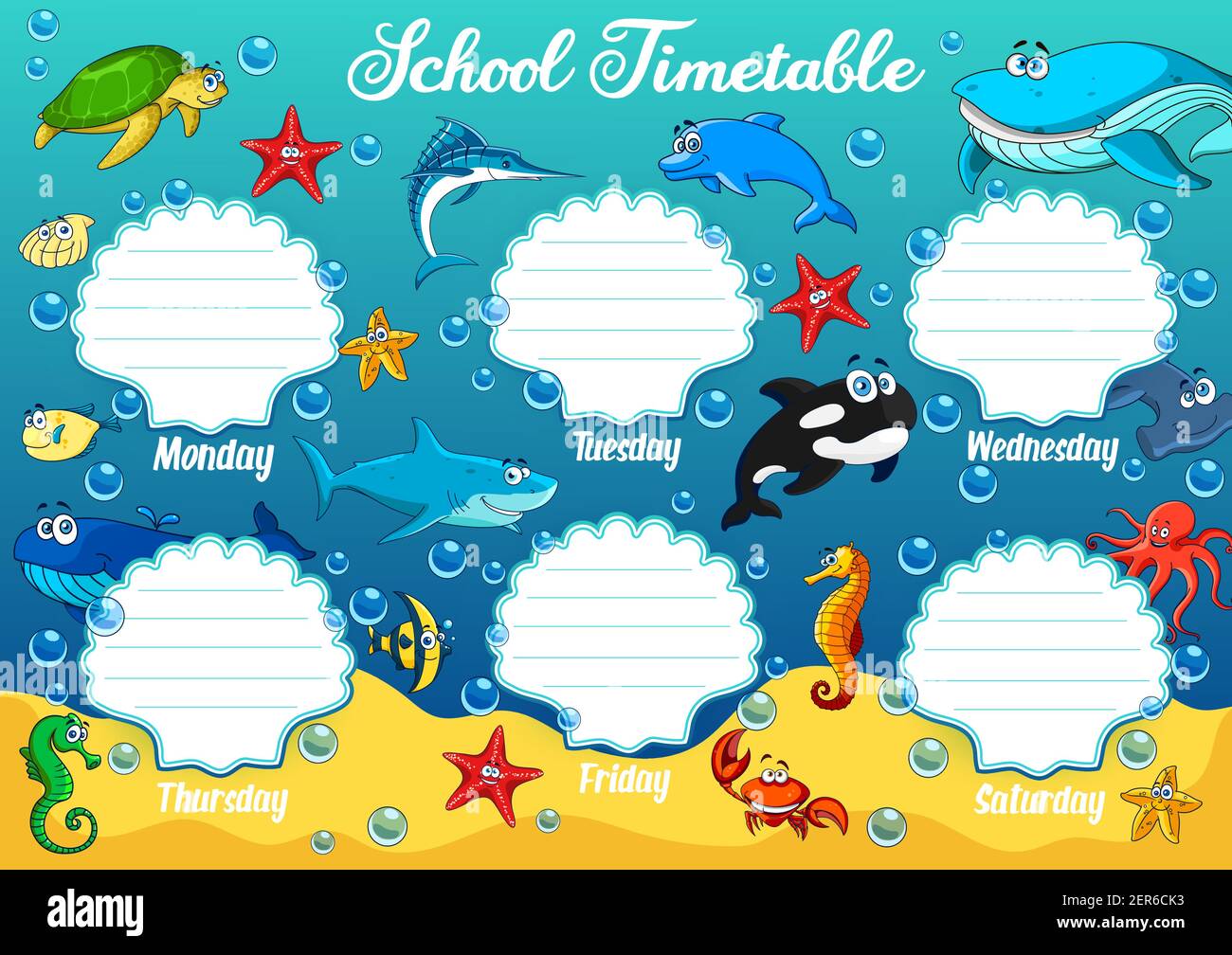 School timetable with underwater cartoon animals. Vector educational  schedule with funny turtle, starfish and shark, sea horse, whale and  octopus. Wee Stock Vector Image & Art - Alamy