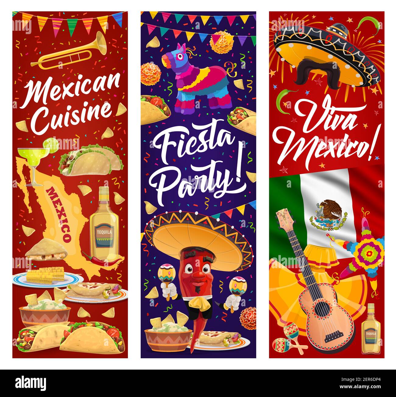 Viva Mexico vector banners with Mexican fiesta party food and chilli ...
