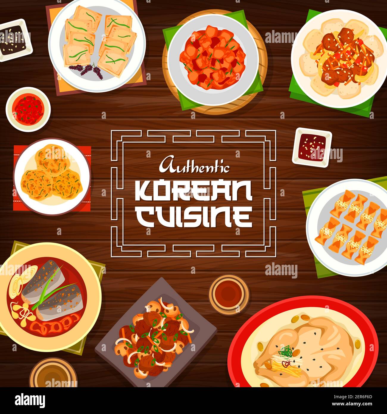 Korean food cuisine menu dishes and Korea meals, vector restaurant