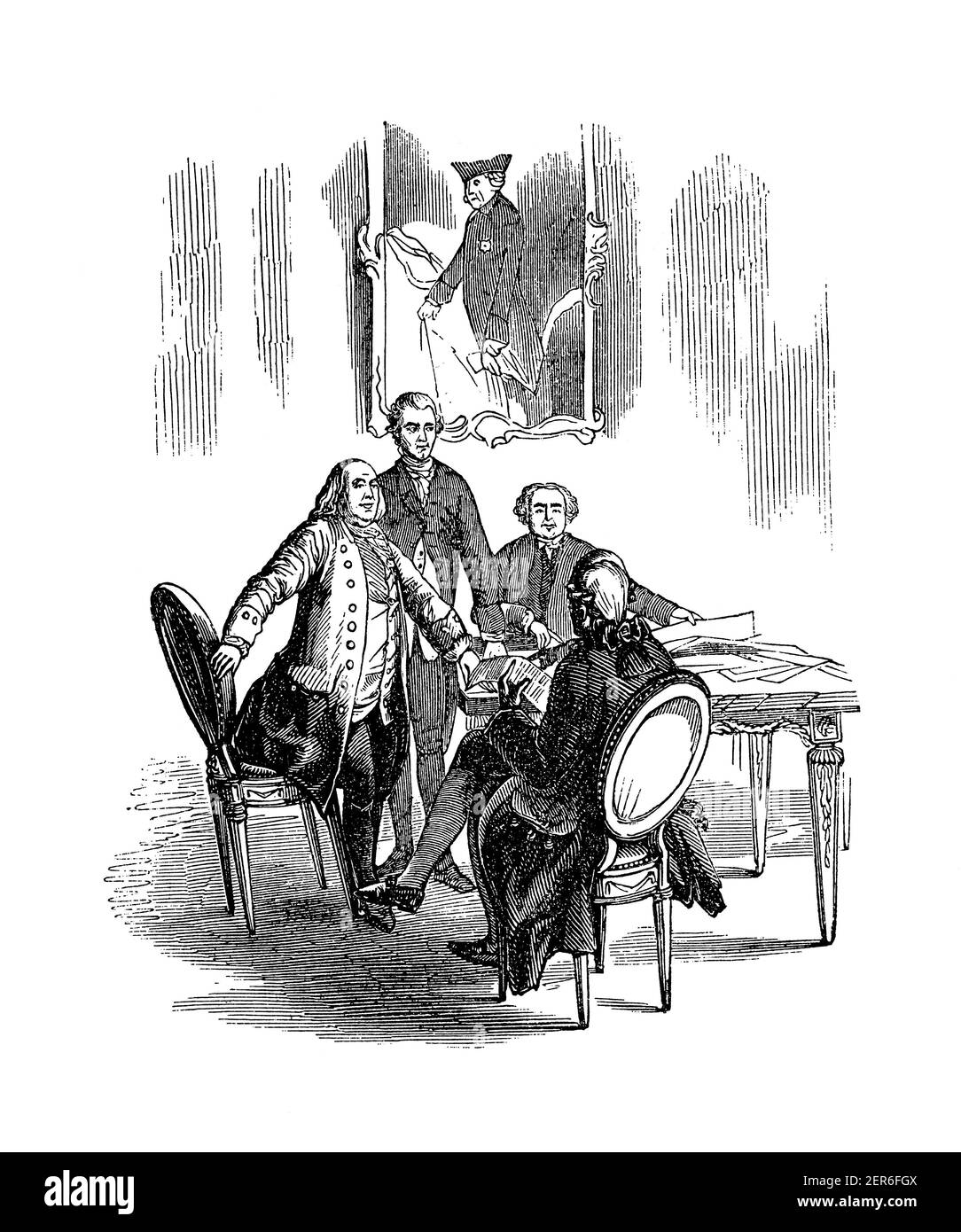 19th-century engraving showing American commissioners negotiating the Treaty of Paris of 1783, which ended the American Revolutionary War between Grea Stock Photo