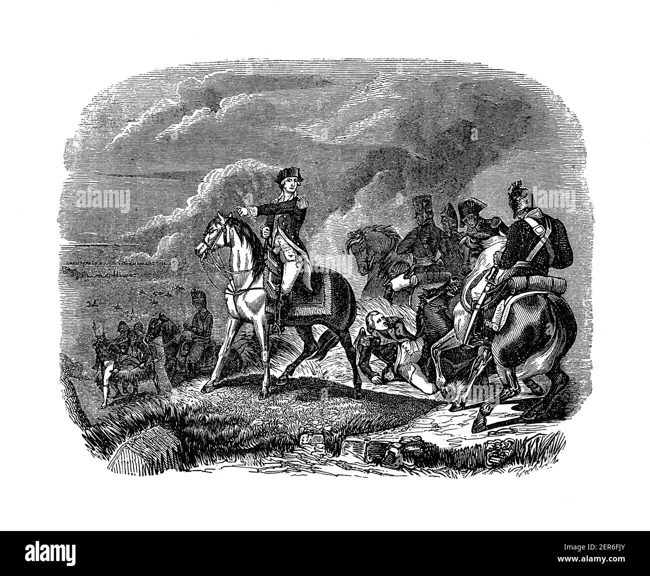 Antique engraving of the battle of Princeton fought on 3 January 1777, in which the revolutionary forces led by General George Washington defeated the Stock Photo