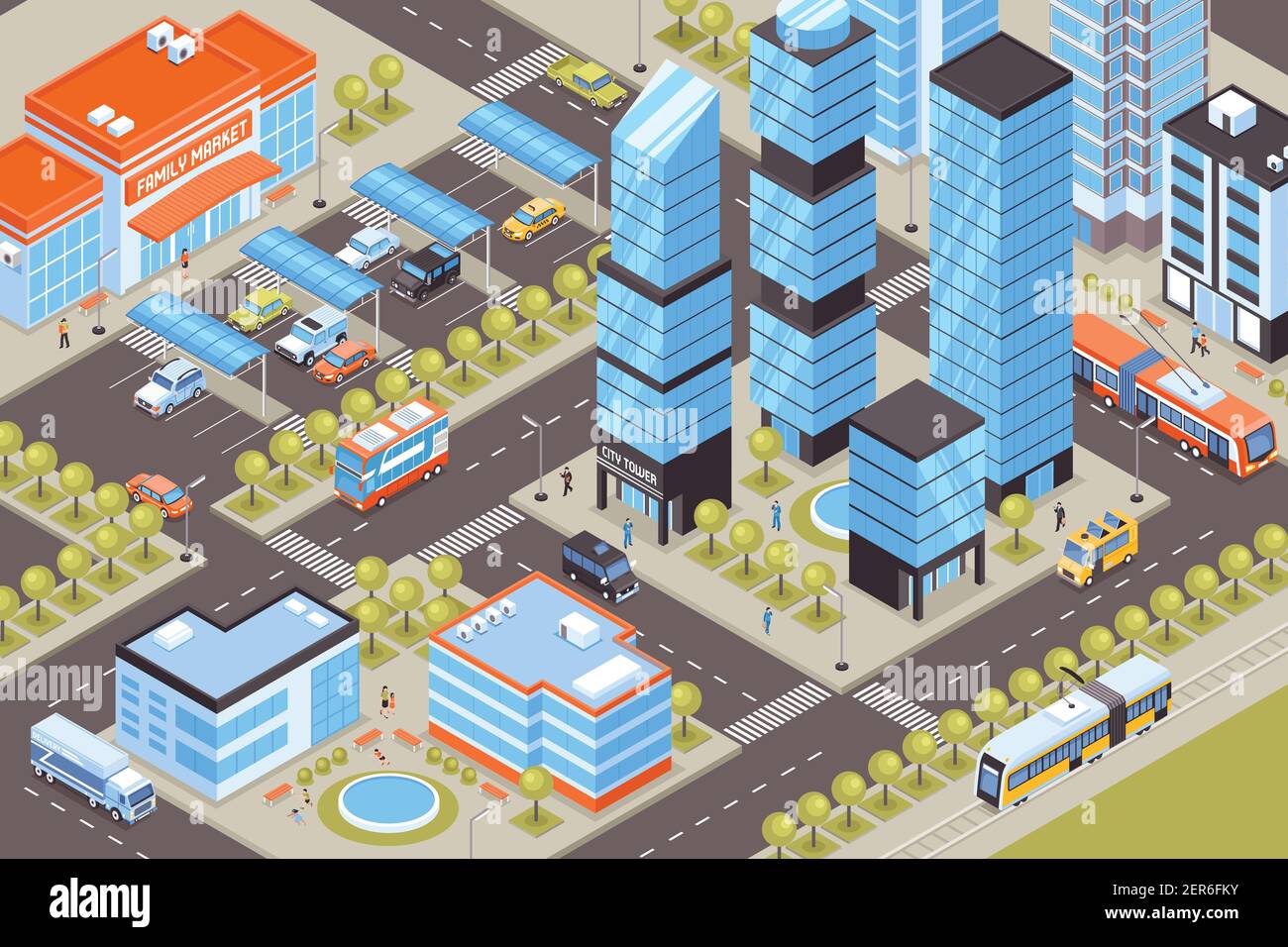 Cityscape with public transport cars and tall buildings 3d isometric vector illustration Stock Vector