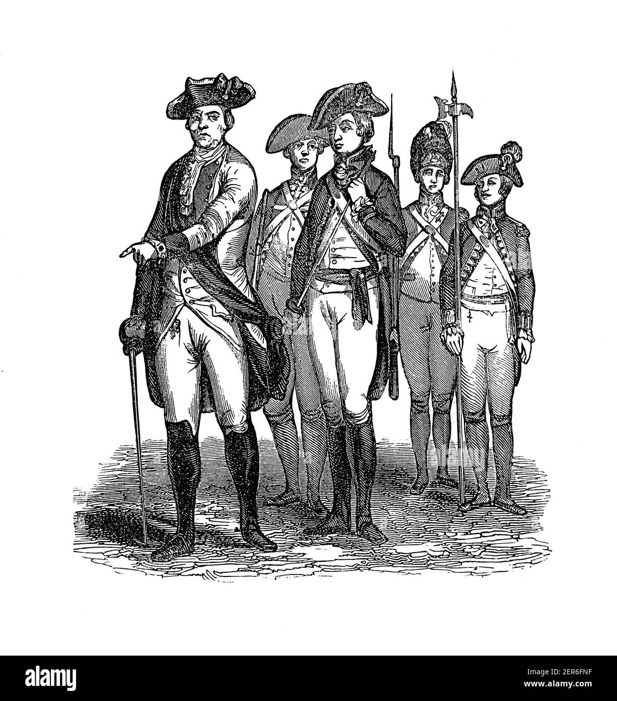 Antique engraving of British infantrymen in 1775. Illustration published in The Pictorial Life of General Washington by J. Frost, LL.D. (Charles J. Gi Stock Photo
