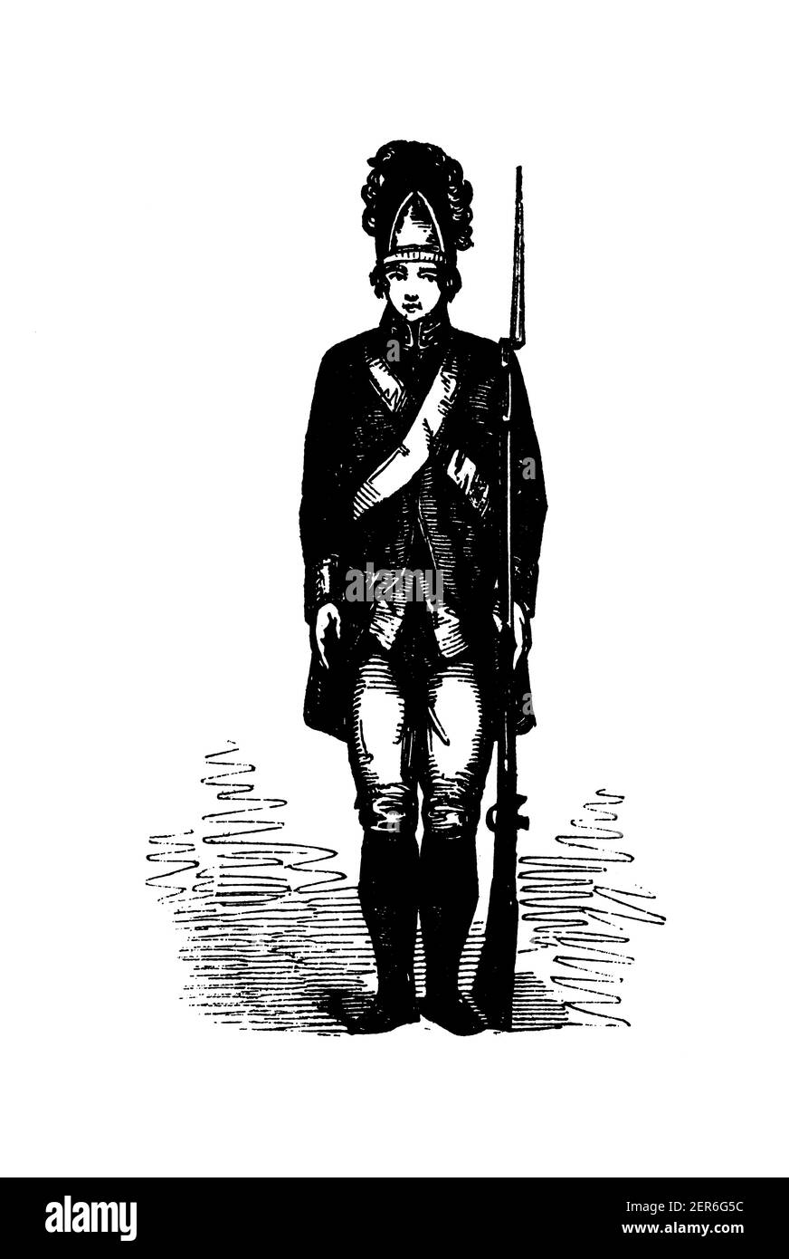 19th-century illustration of a grenadier at the time of George Washington, the first President of the United States of America. Engraving published in Stock Photo