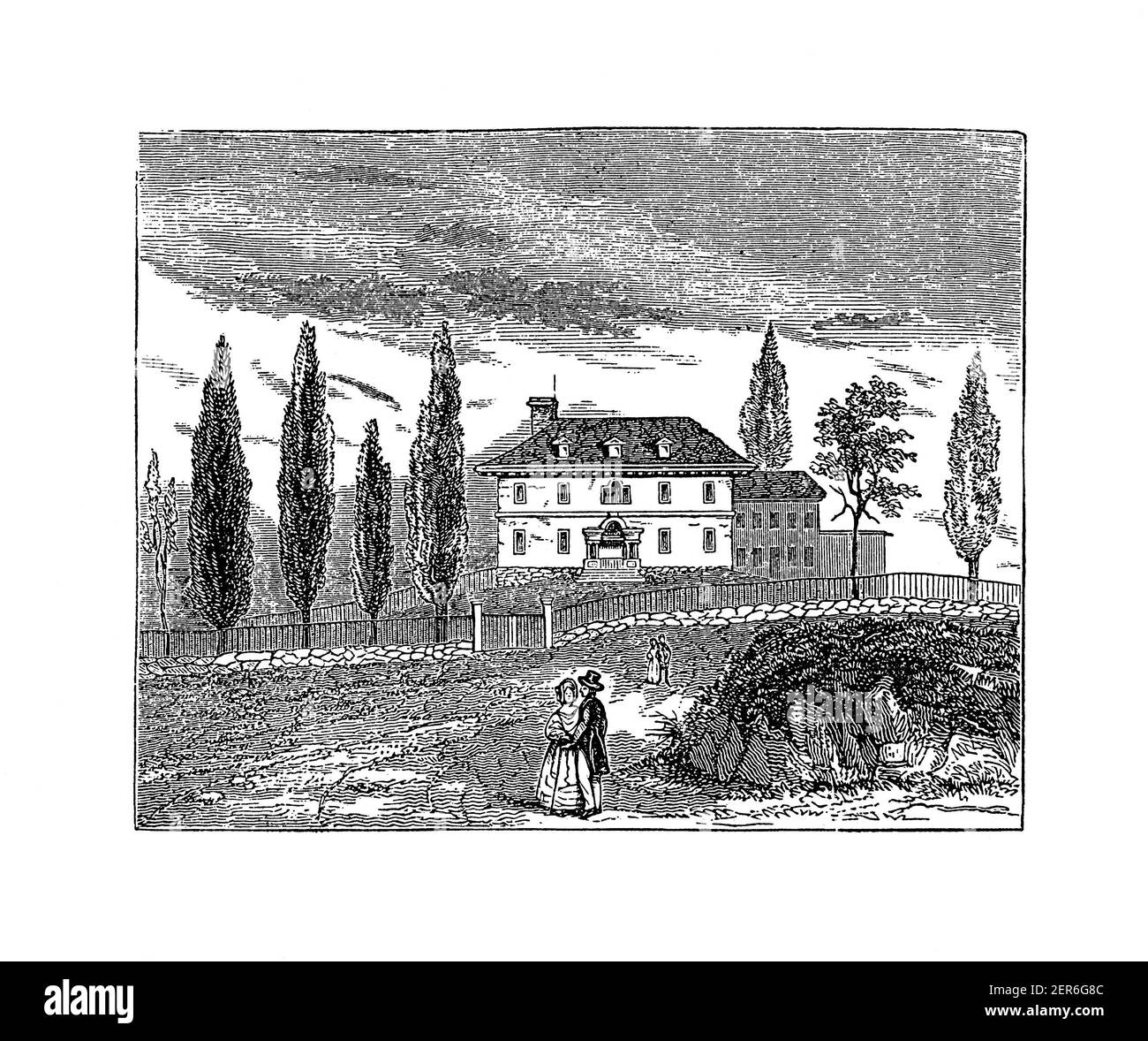 Antique illustration of the headquarters of the Continental Army during the American Revolutionary War at Morristown, U.S. state of New Jersey. Illust Stock Photo
