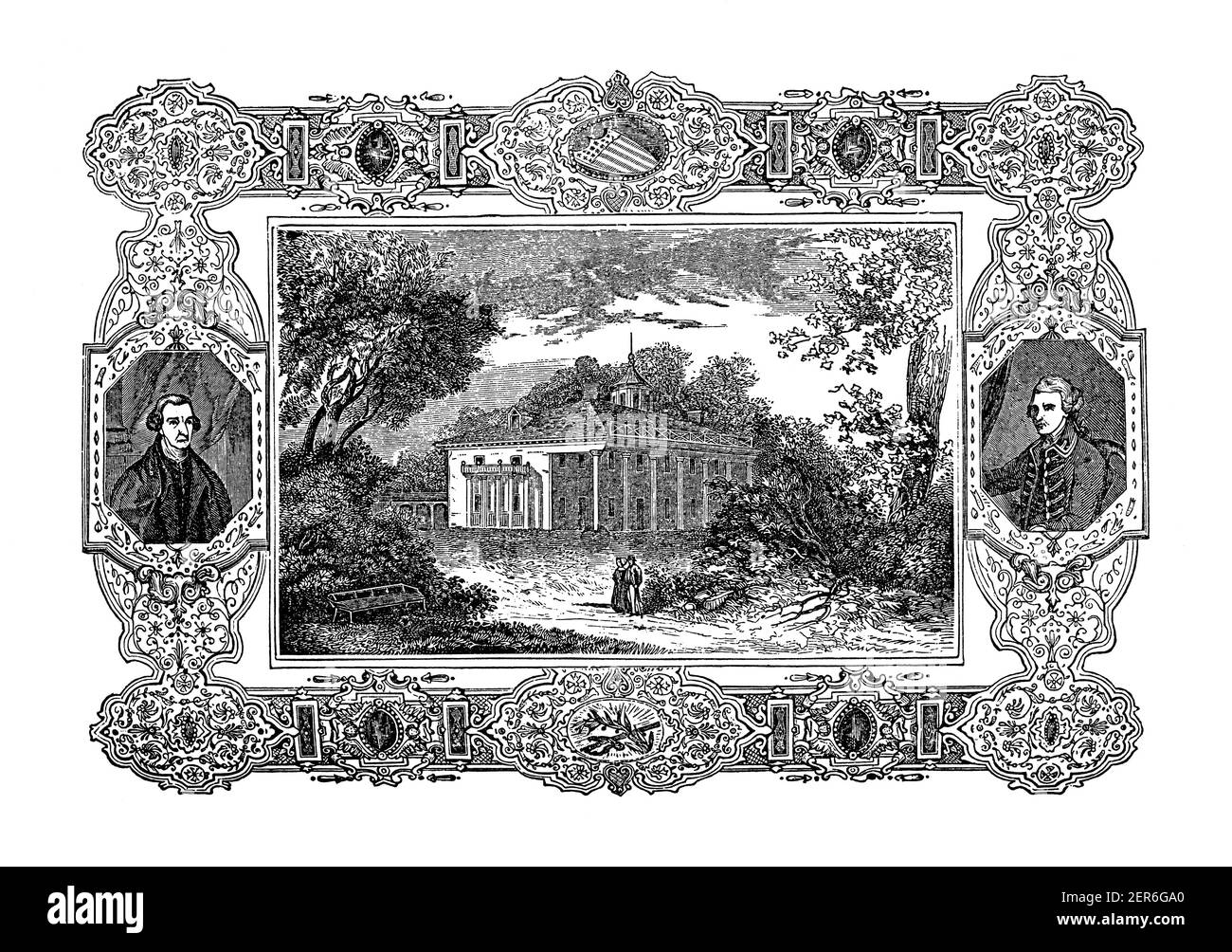 Antique engraving with decorative vignette of Mount Vernon in Virginia, which was the home of George Washington, the first President of the United Sta Stock Photo