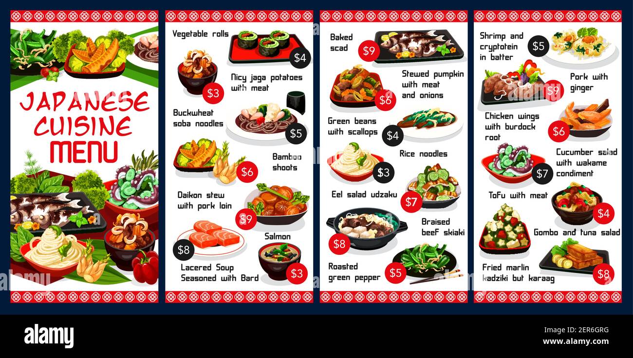 Japan food vector menu vegetable rolls, buckwheat soba noodles and salmon, bamboo shoots. Lacered soup with bard, tofu with meat, gombo and tuna salad Stock Vector