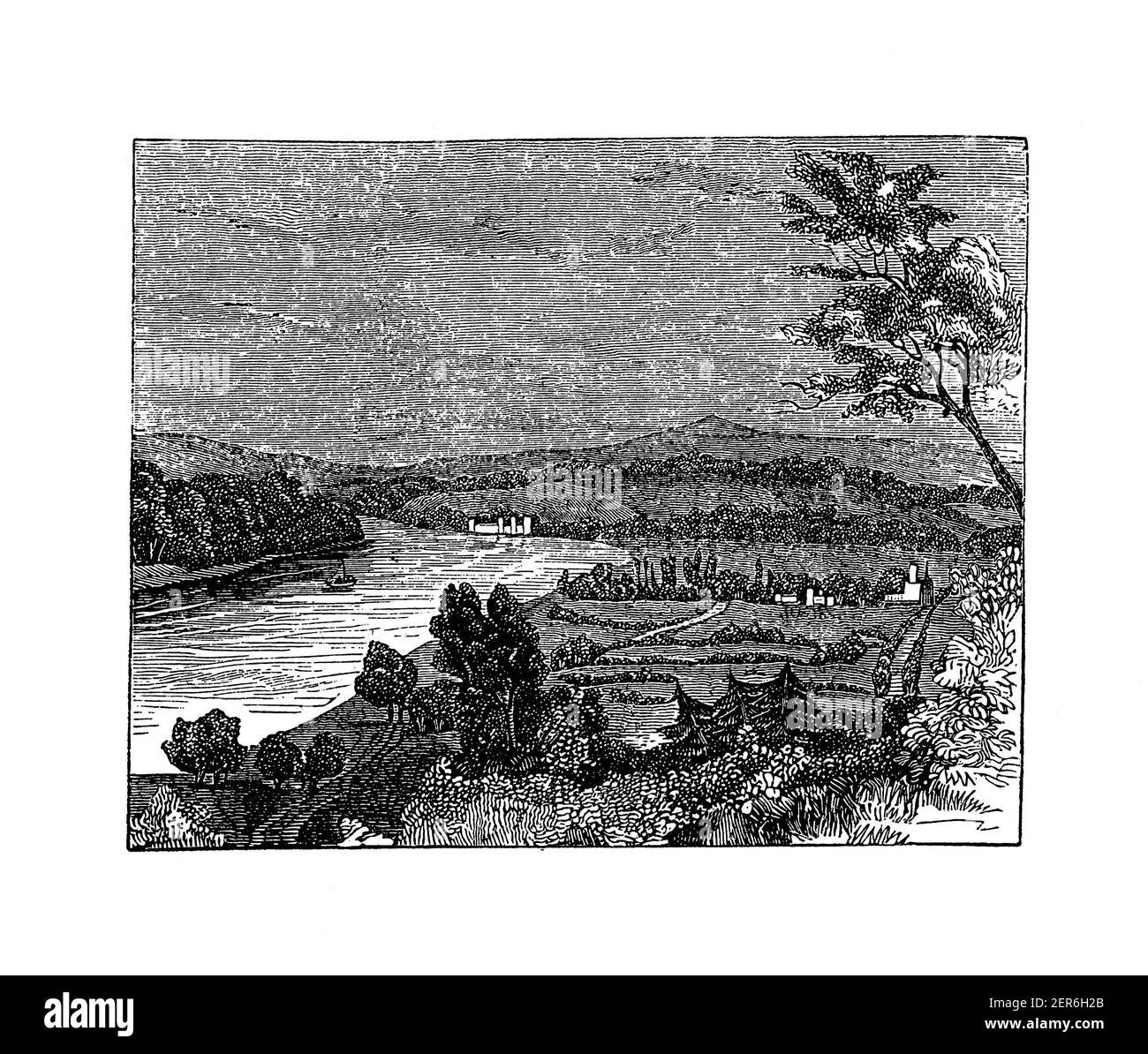 Antique 19th-century view of Wyoming Valley in northeastern Pennsylvania, USA. Illustration published in The Pictorial Life of General Washington by J Stock Photo