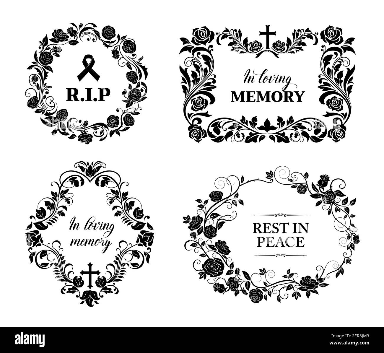 Funeral and obituary condolence cards, RIP flowers wreath, vector floral frames. Funeral and death loving memory black banners with cross and roses, m Stock Vector