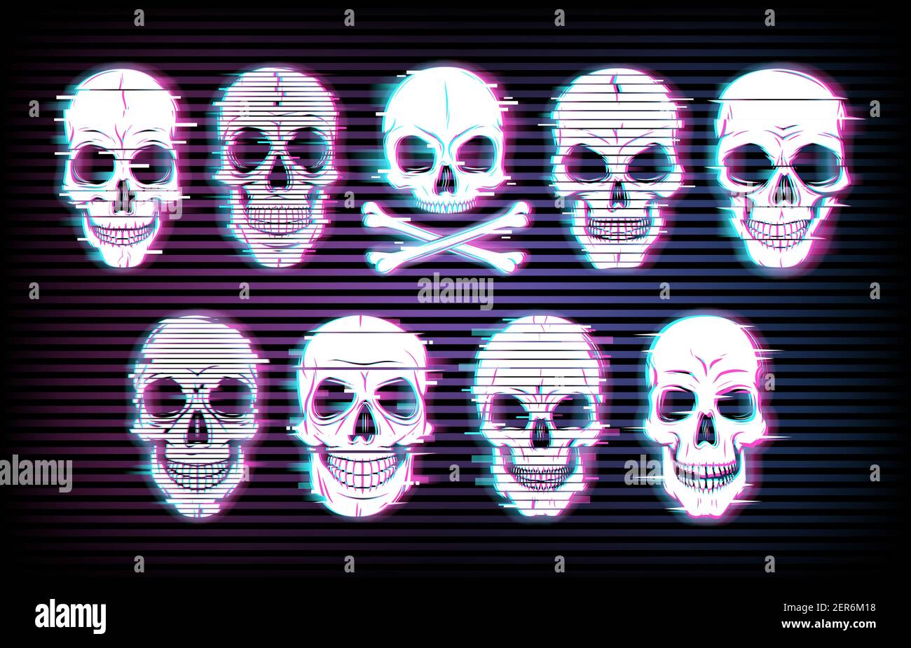 Glitch skulls vector distorted neon glowing pixelized craniums or jolly roger on black background. Television messy distortion or vhs tape glitch effe Stock Vector