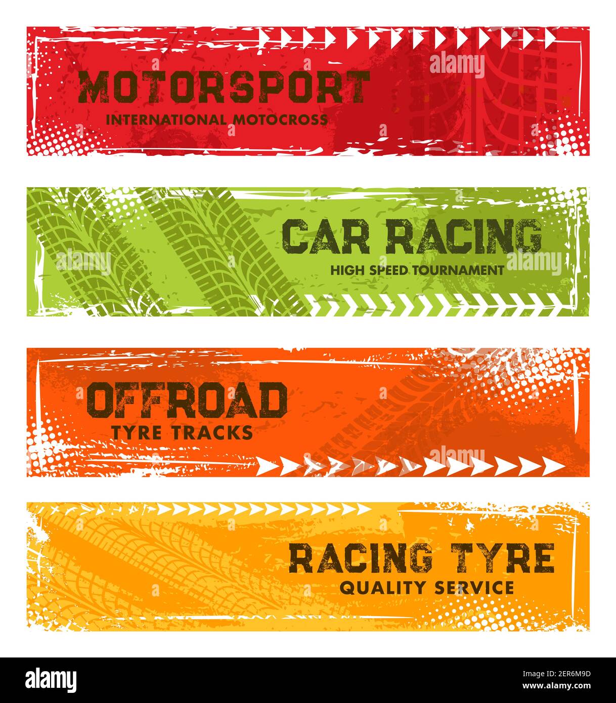Tyre tracks, off road tire prints, grunge vector car racing treads with dotted spots or marks. Rally, motocross bike protectors, vehicle, transportati Stock Vector