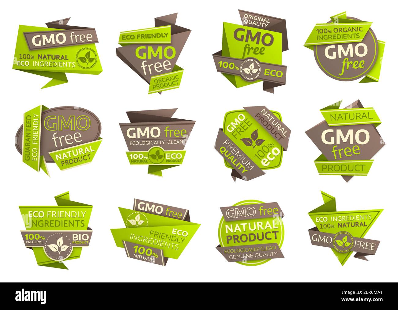 GMO free vector icons with origami paper symbols of organic vegan food ...