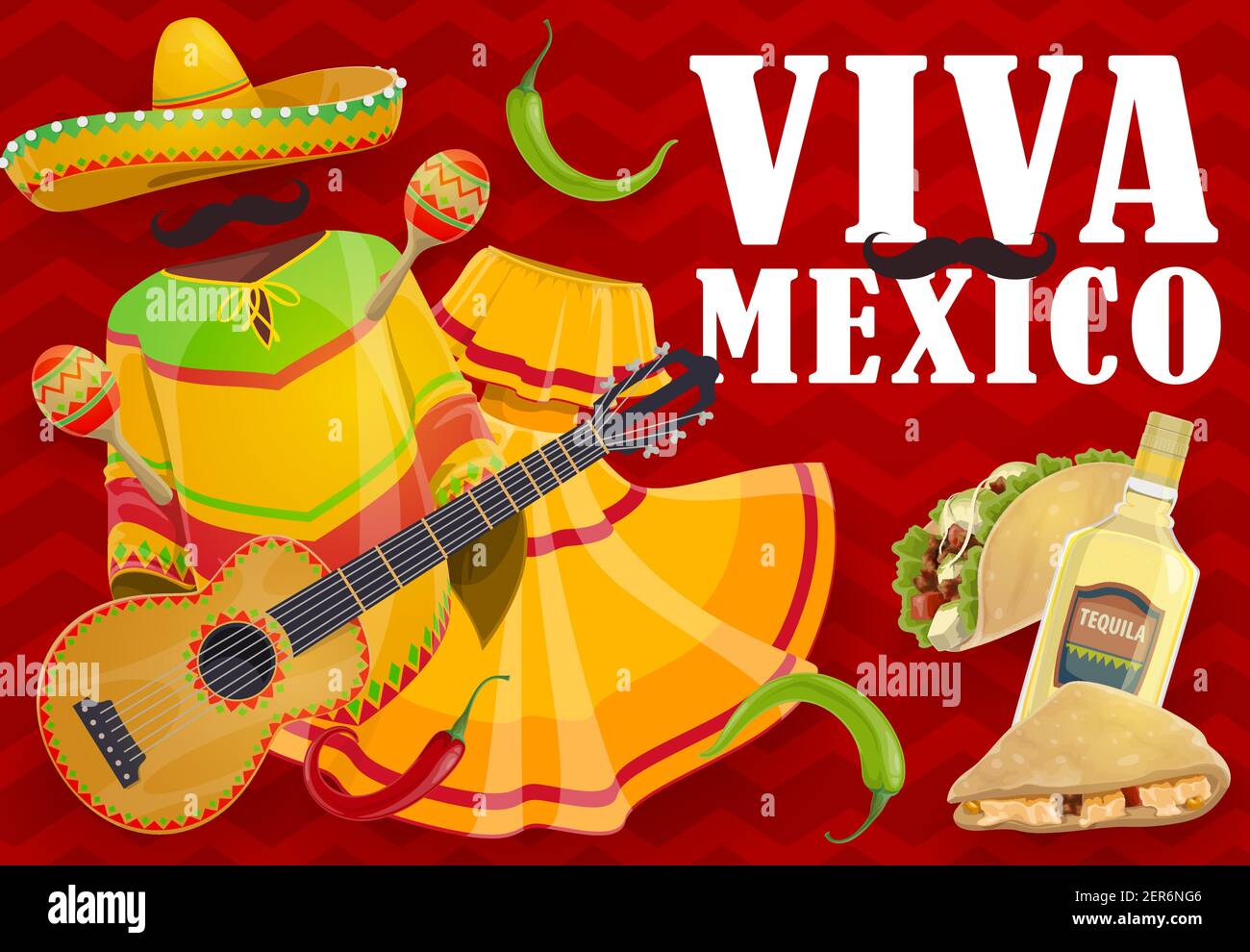 Viva Mexico holiday food and Mexican fiesta clothes. Vector sombrero ...