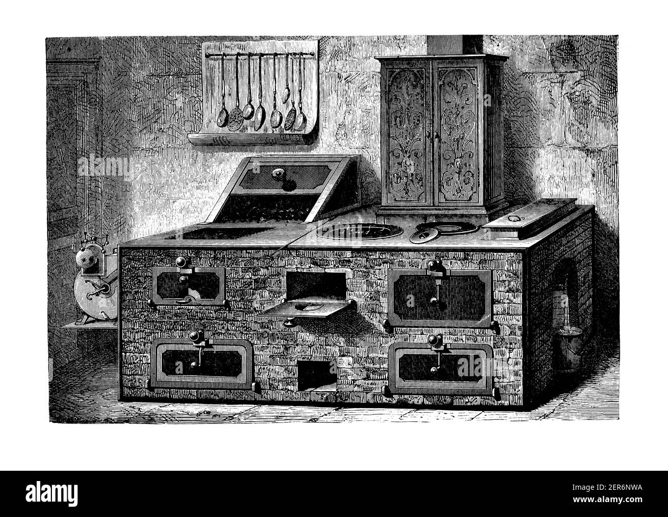 Antique illustration of an old professional kitchen stove. Published in Le livre de cuisine, par Jules Goufe, Librarie Hachette et Cie (Paris, 1874). Stock Photo