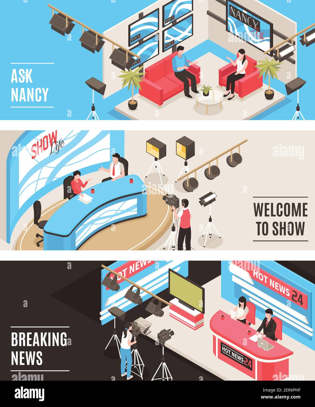 Broadcasting Horizontal Horizontal isometric banners set with tv show and newscast broadcasting ...