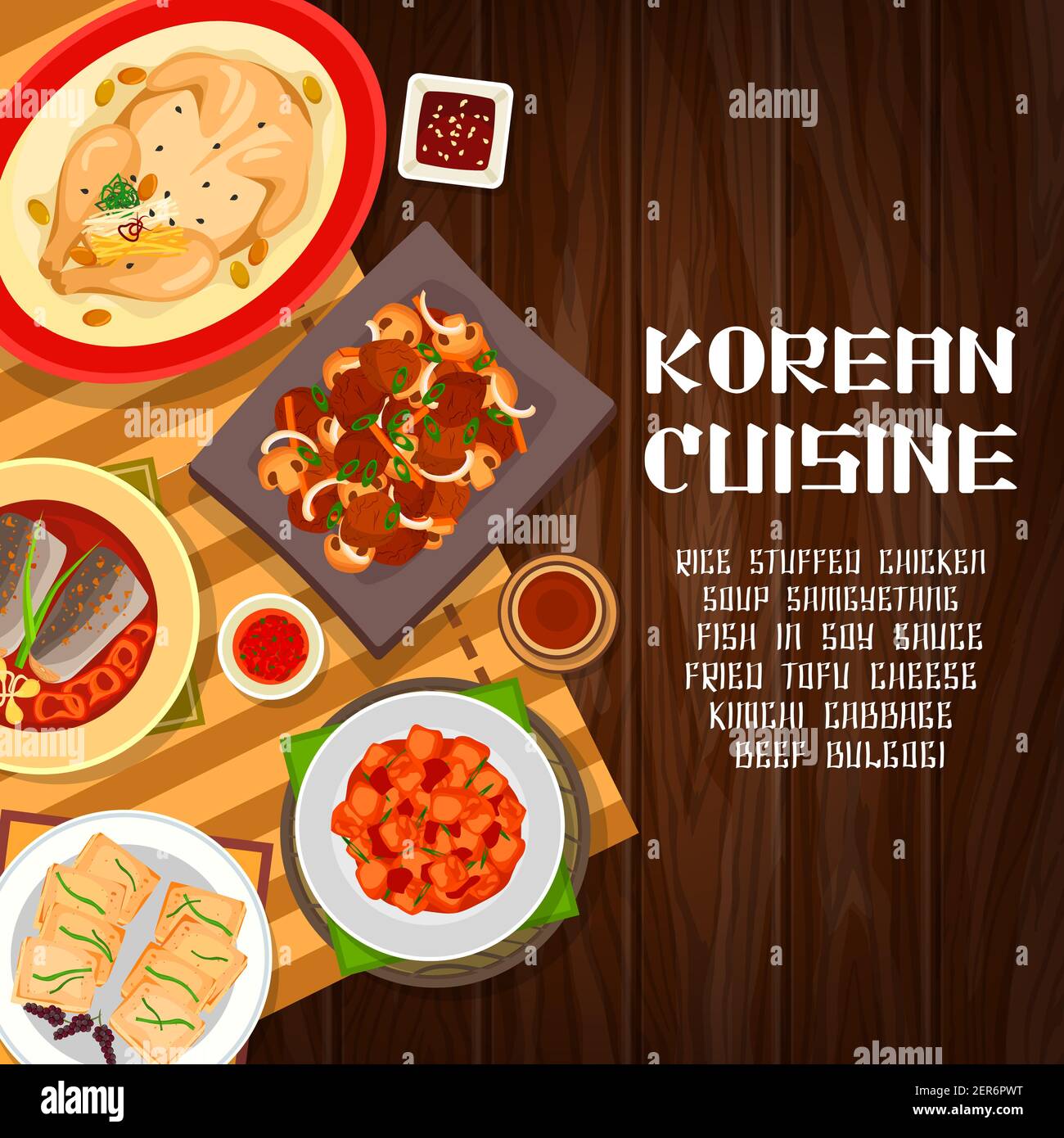 Korean cuisine food, restaurant menu dishes and meals, vector