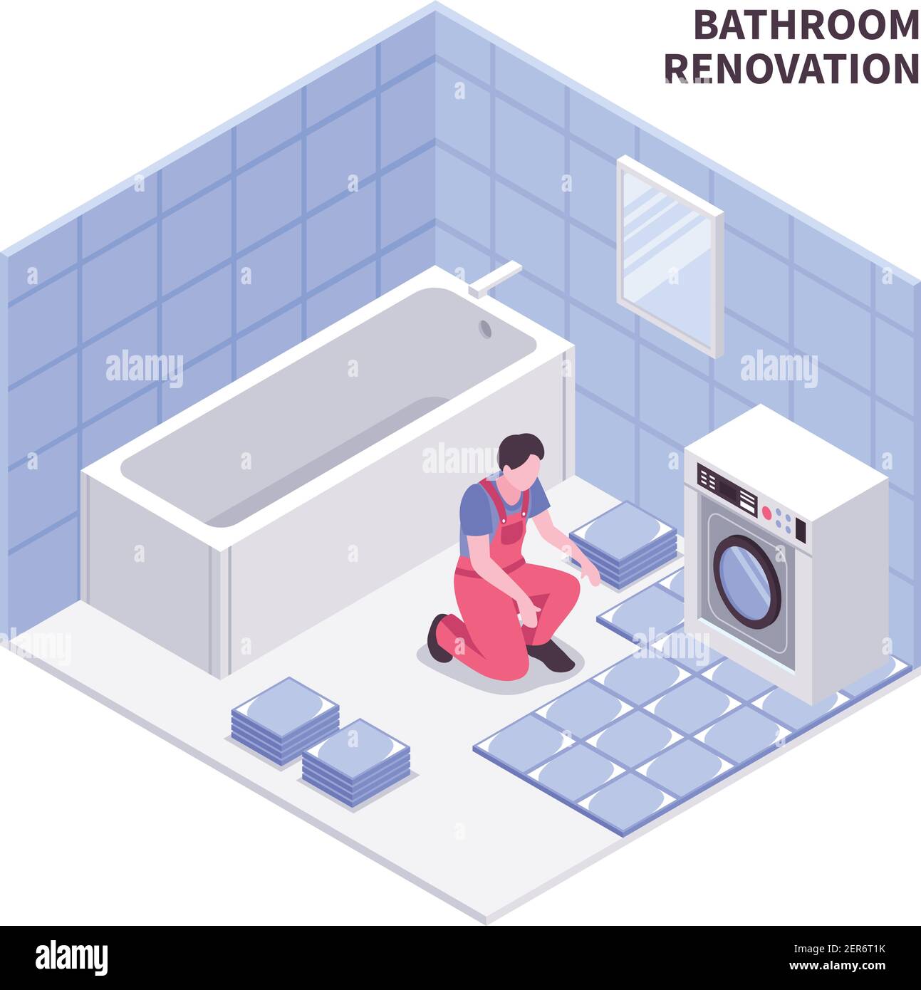 Bath room repair isometric composition in white blue color with laying tiles, sanitary equipment, vector illustration Stock Vector