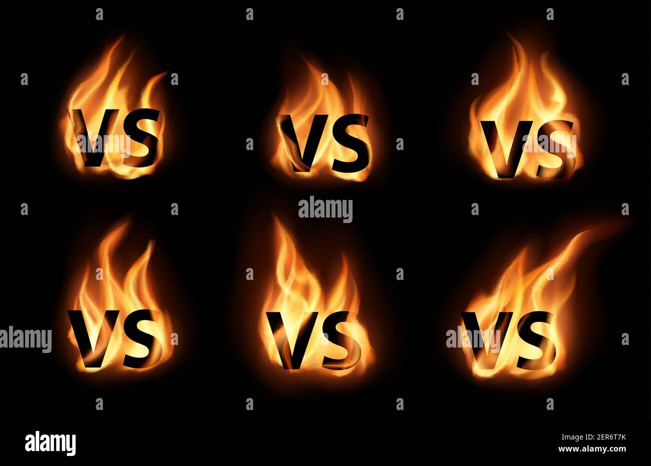Versus or VS with realistic fire flames vector icons set. VS symbols of sport game battles, boxing fights, team challenges and championship matches on Stock Vector