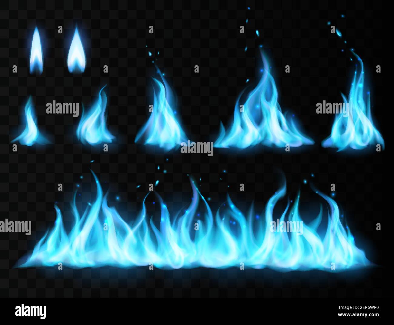 Blue fire flame vector set on transparent background. Realistic burning