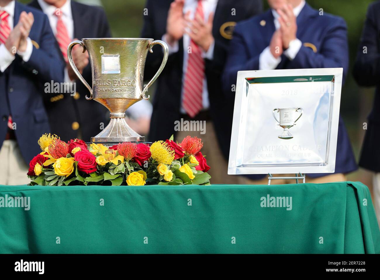 May 6, 2018; Charlotte, NC, USA; Trophies for the Wells Fargo Championship during the final round of the Wells Fargo Championship golf tournament at Quail Hollow Club. Mandatory Credit: Jim Dedmon-USA TODAY Sports Stock Photo