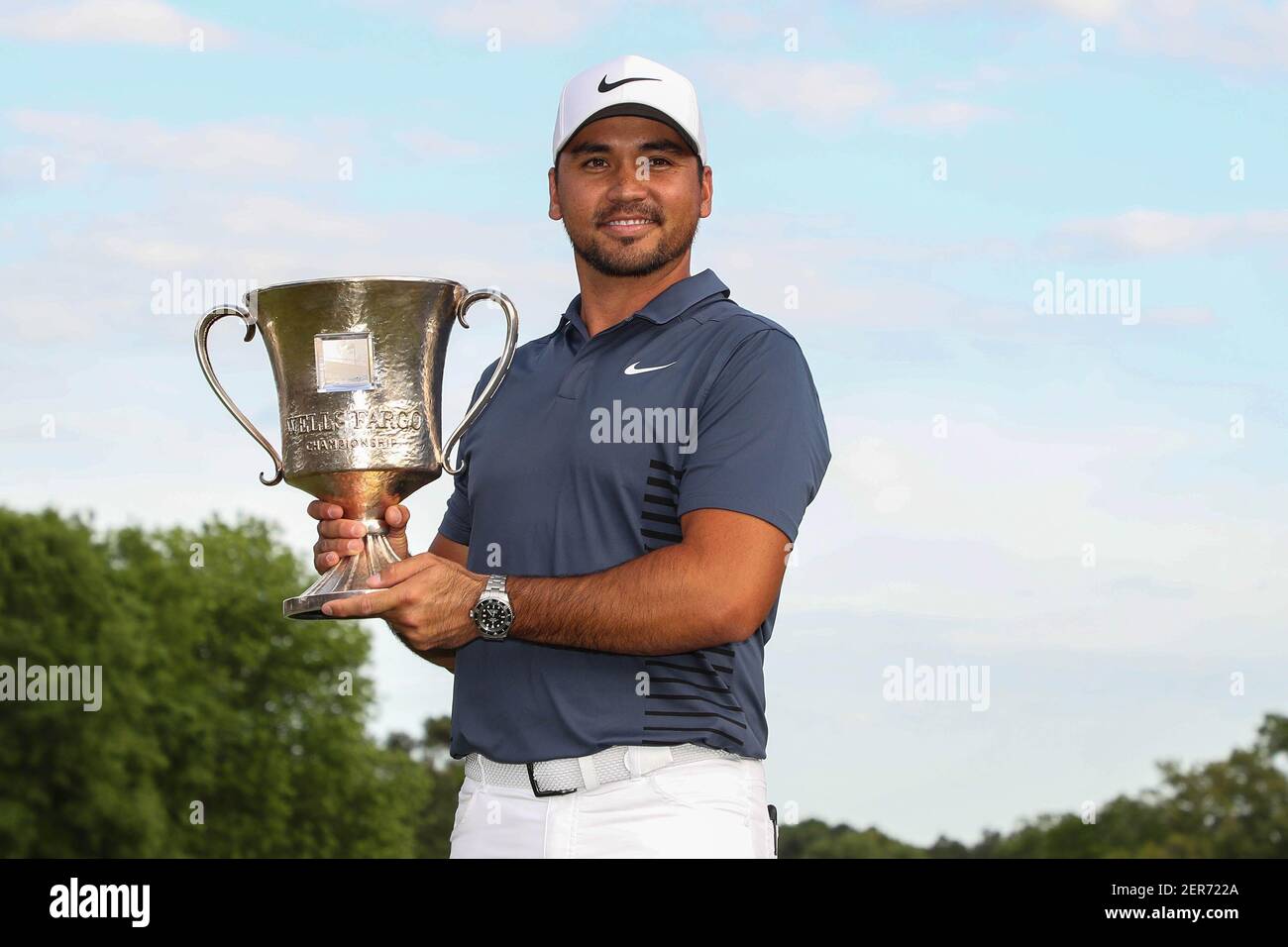 May 6, 2018; Charlotte, NC, USA; Jason Day with the winning trophy during the final round of the Wells Fargo Championship golf tournament at Quail Hollow Club. Mandatory Credit: Jim Dedmon-USA TODAY Sports Stock Photo