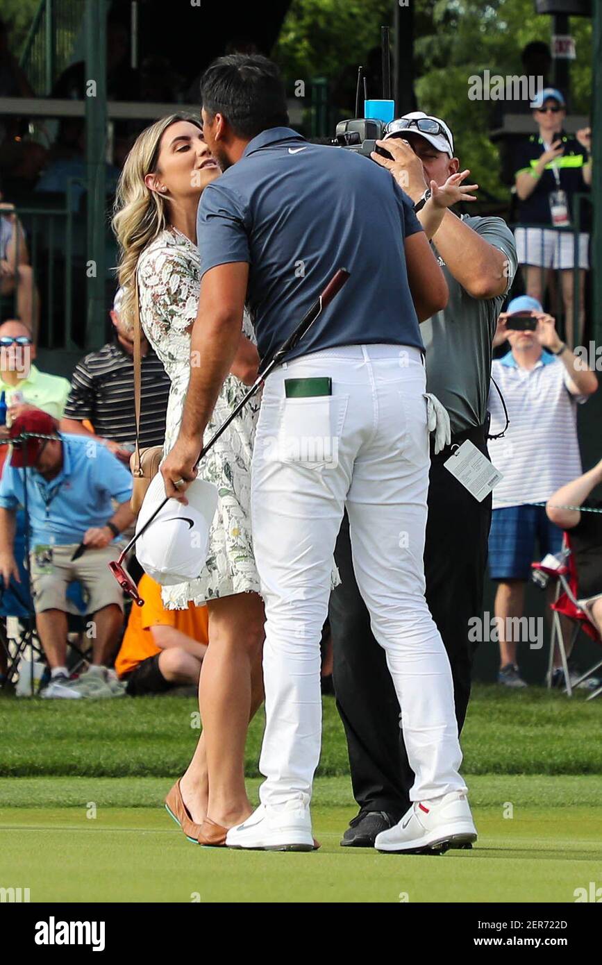 May 6, 2018; Charlotte, NC, USA; Jason Day kisses his wife after the final round of the Wells Fargo Championship golf tournament at Quail Hollow Club. Mandatory Credit: Jim Dedmon-USA TODAY Sports Stock Photo