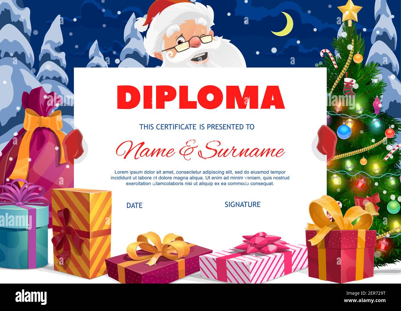 Kids Preschool Diploma With Santa Claus And Gifts Cartoon Vector Kids Preschool Diploma With Santa Claus And Gifts Cartoon Vector