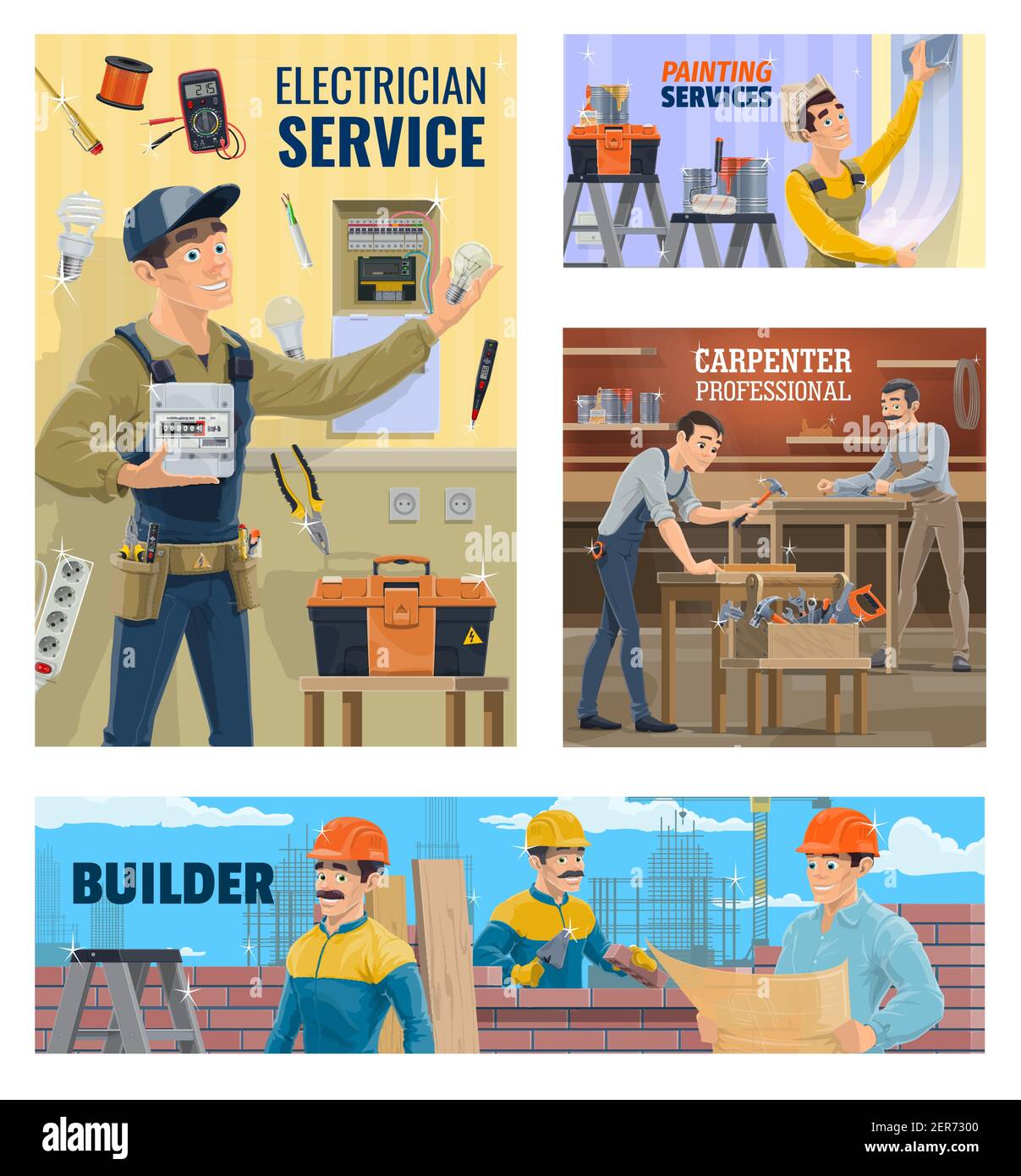 Electrician and painting service, builder and carpenter banner. Electrician installing energy meter, worker wallpapering room and carpenters working i Stock Vector