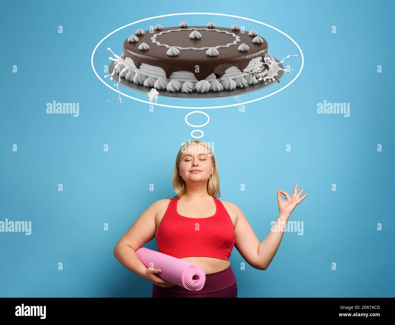 Fat girl does gym at home but she always thinks about sweets. Cyan background Stock Photo