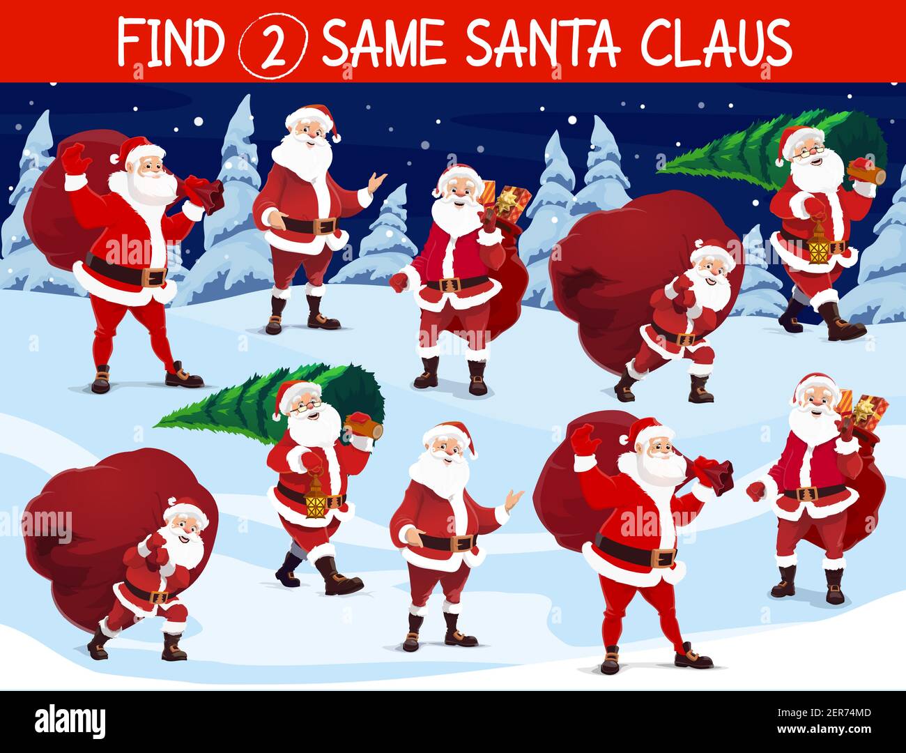 Find same Santa game, Christmas holidays activity for kids. Happy Santa  Claus character carrying big sack with holiday gifts, cutting Christmas  tree a Stock Vector Image & Art - Alamy