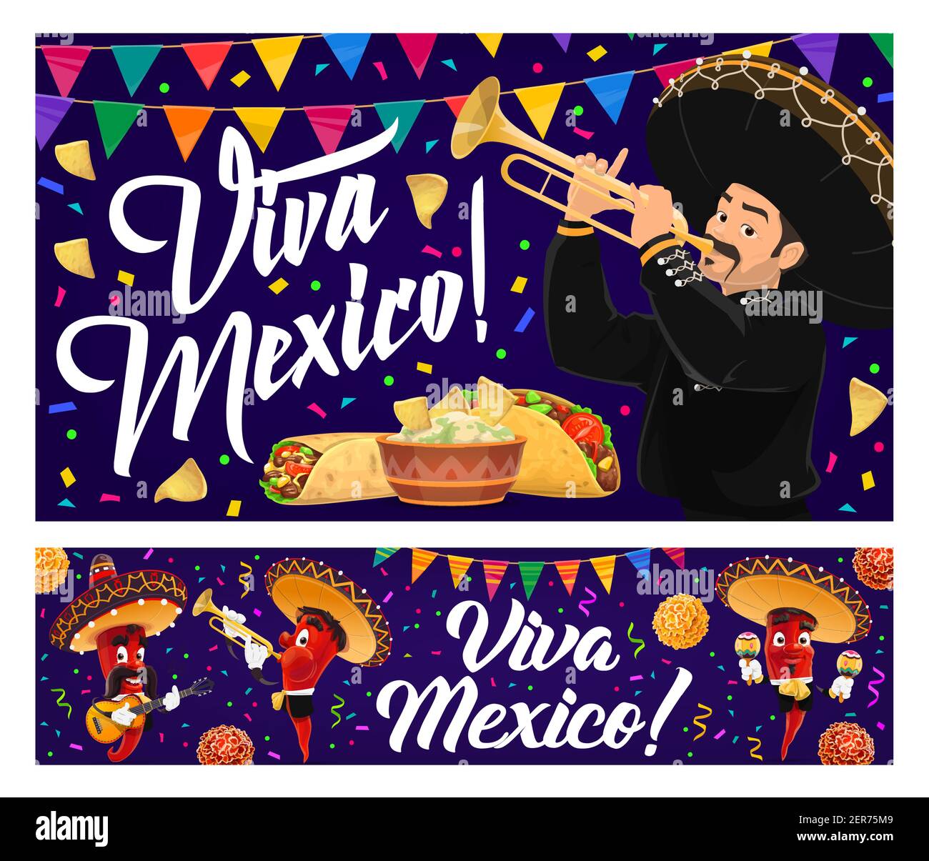 Mexican holiday food and mariachi banners, vector Viva Mexico. Red ...