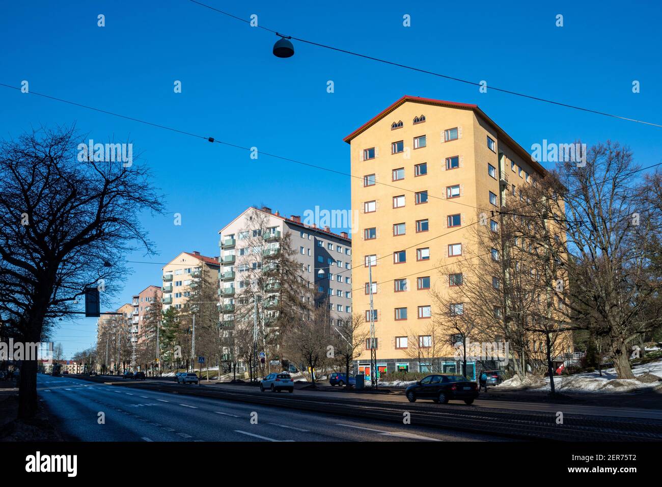 Residential buildings along Mannerheimintie in Tullinpuomi district of Helsinki, Finland Stock Photo