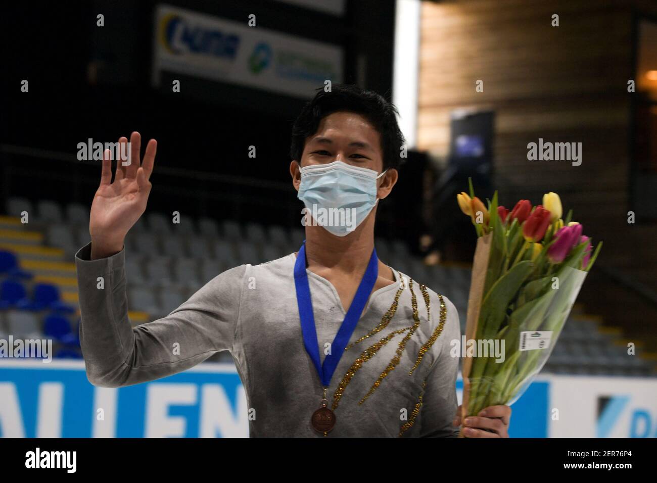 THE HAGUE, NETHERLANDS - FEBRUARY 28: Adam Siao Him Fa of France during the victory ceremony for the figure skating men's free skate program on Day 4 Stock Photo