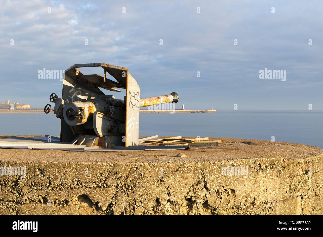 An old World War Two coastal defence artillery gun stand at Trow Point overlooking the North Sea at South Shields in Tyne and Wear, United Kingdom Stock Photo