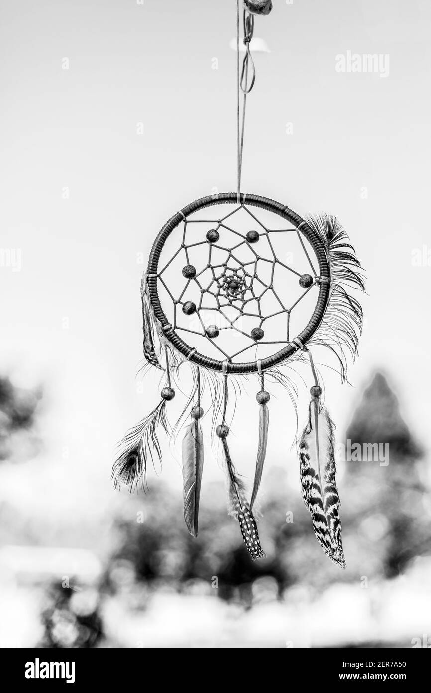 Dreamcatcher made with different feathers and string Stock Photo