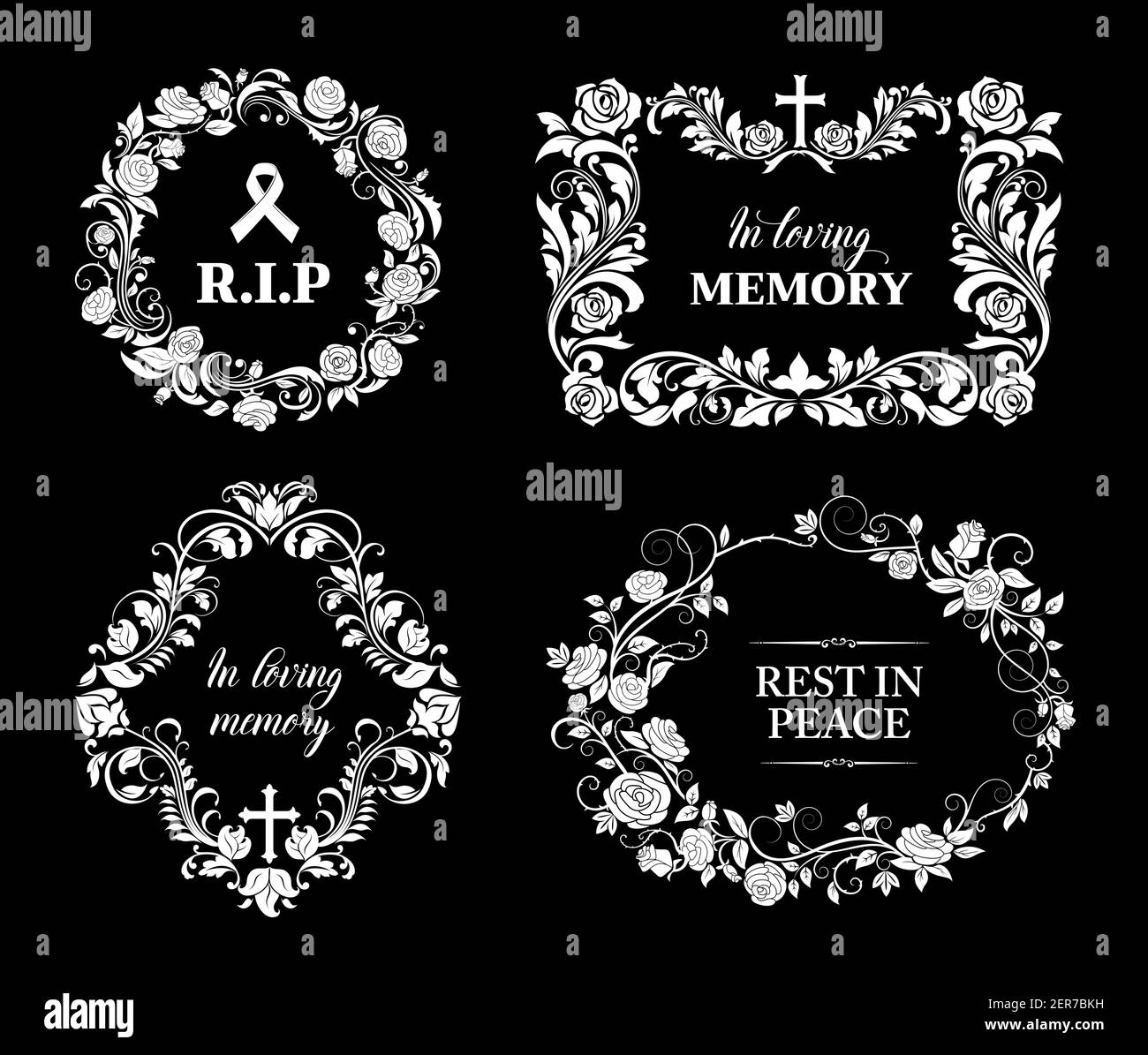 Funereal frames with floral ornaments and crosses. Funeral vector card border decoration with