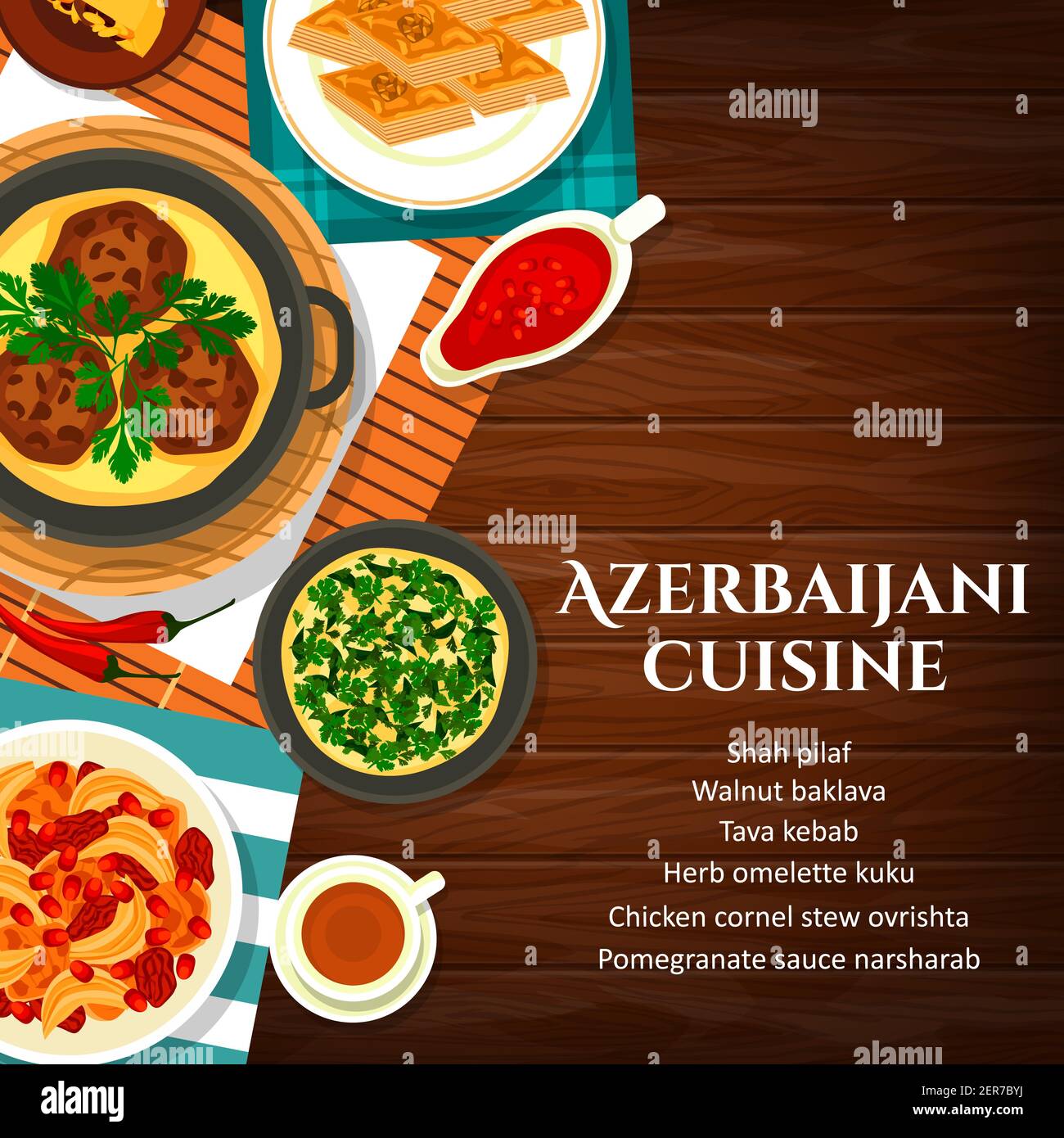 Azerbaijani cuisine vector walnut baklava, shah pilaf and chicken cornel. Stew ovrishta, herb omelette kuku and tava kebab with pomegranate sauce nars Stock Vector