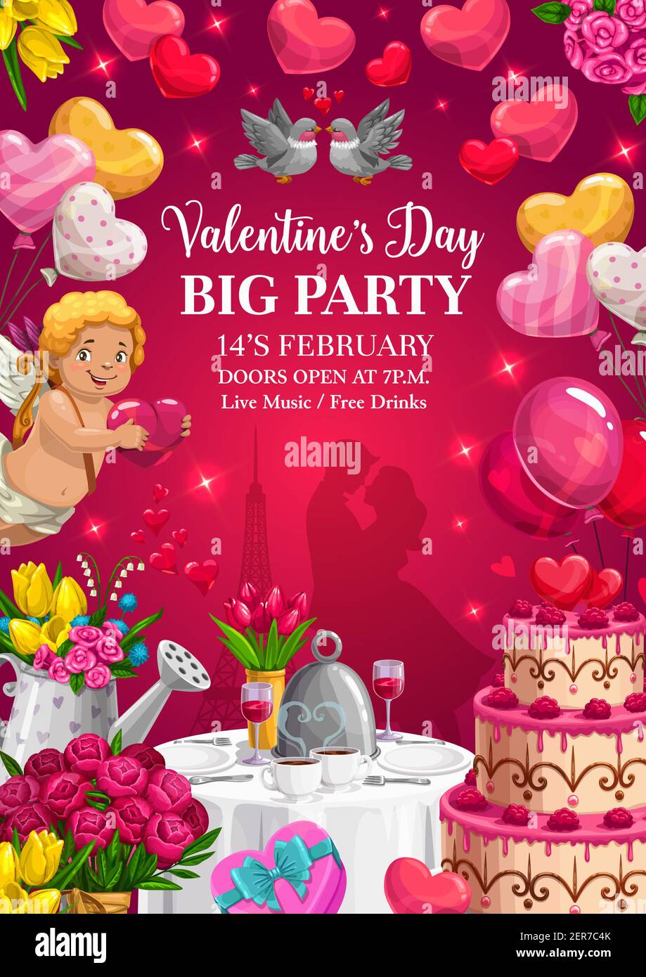 Cupid with Valentines Day hearts and gifts, party poster vector design.  Loving couple with flower bouquets, chocolate cake and balloons, Amur angel  wi Stock Vector Image & Art - Alamy