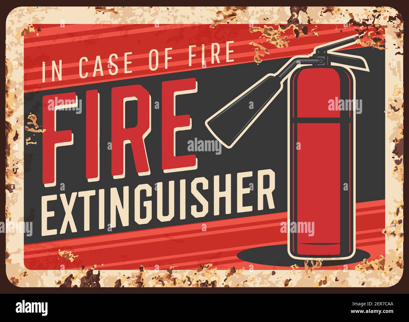 Fire safety, extinguisher usage message rusty metal plate. Fire