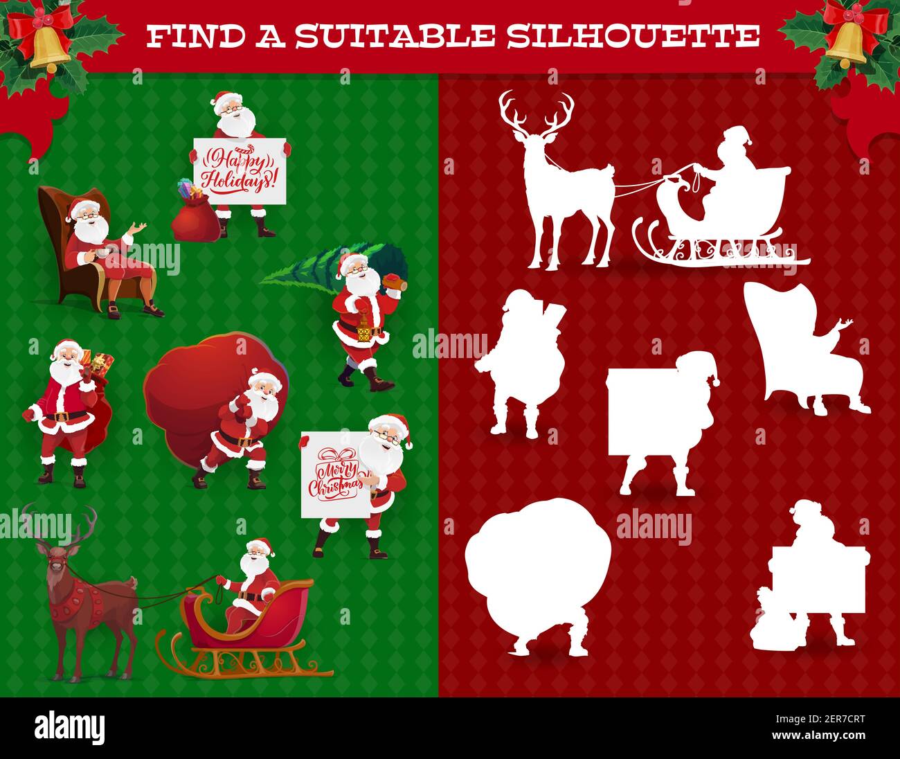 Find silhouette kids game, Christmas maze with Santa character. Children game with matching