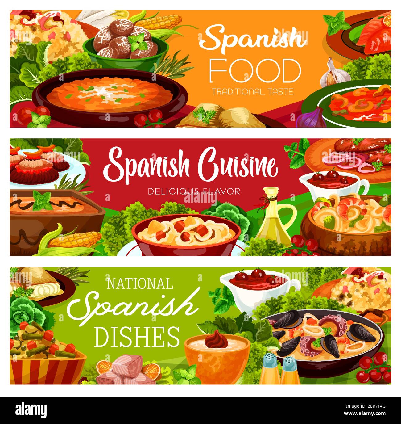 Spanish food banners, cuisine menu paella and tapas, vector Spain